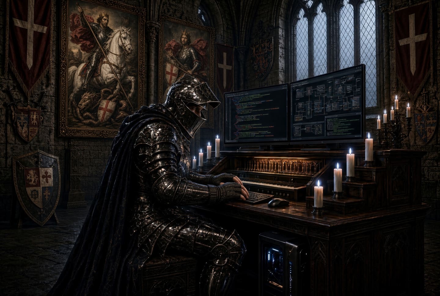 A knight in polished plate armour sits at a carved wooden desk in a candlelit castle hall, working at a modern two-screen computer showing code and an architecture diagram. Behind him hang heraldic banners and shields and a large painting of a mounted knight spearing a dragon.